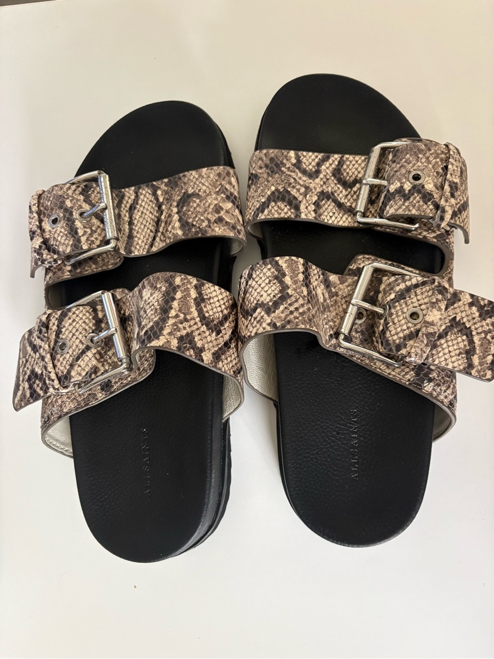 ALLSAINTS Sain Slide Sandals Snakeskin Double‑Buckle | Women’s 11